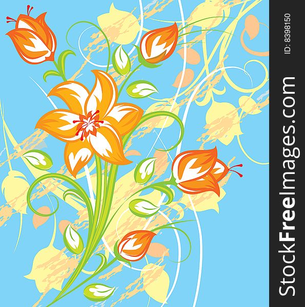 Bright Tiger lily with blue background in retro style