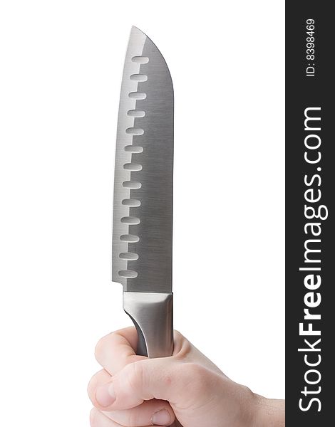 Knife in hand isolated on white background