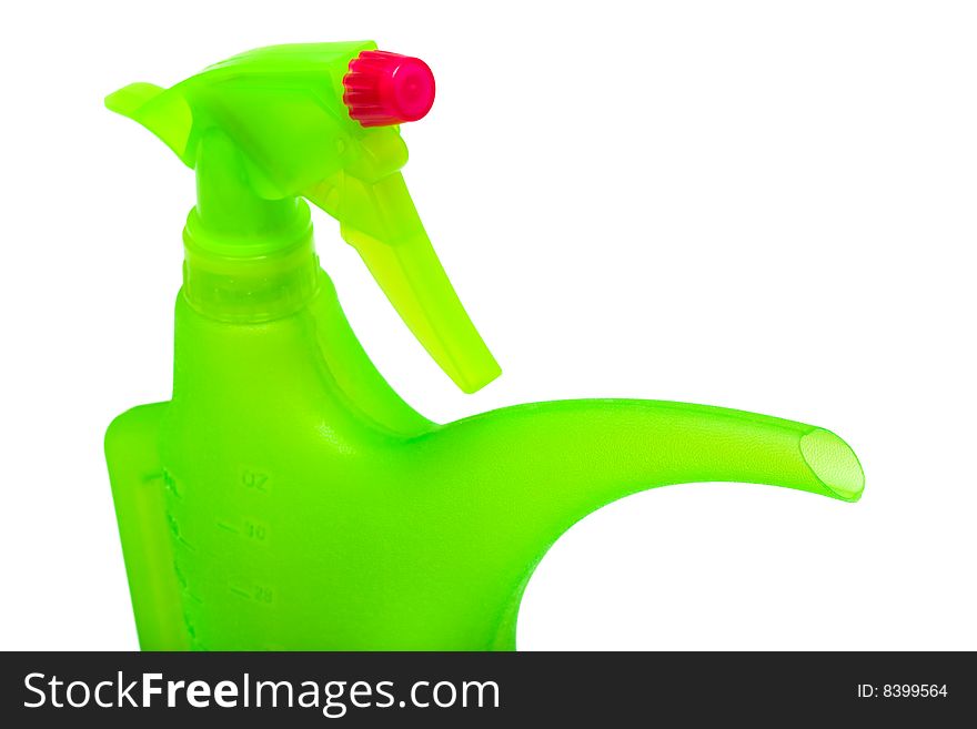 Green watering can on a white background