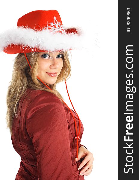 Smiling Cowboy Girl In Hat Isolated.