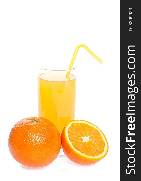 Orange and juice in glass on a white background