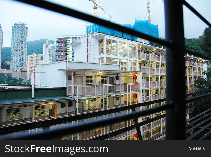 Looking through the window of public estate in hong kong. Looking through the window of public estate in hong kong