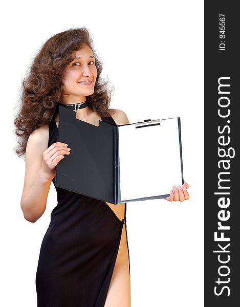 Business woman holding a file folder isolated