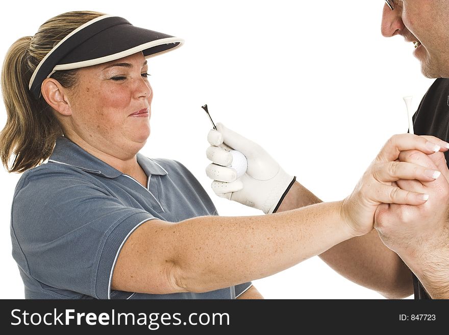 Couple fighting over golf equipment