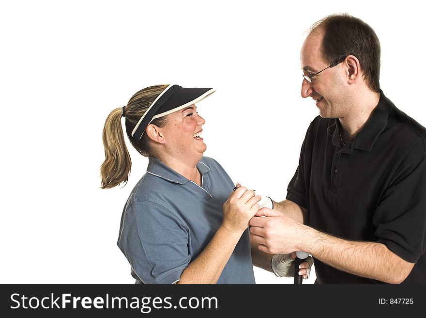 Couple laughing over white