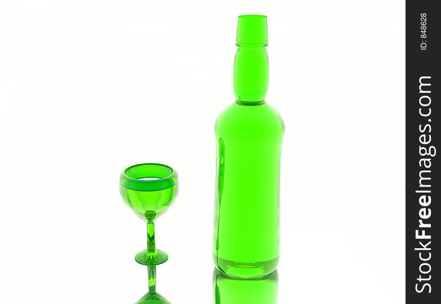 A bottle and glass. A bottle and glass.