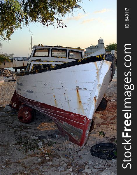 Fishing boat on the sand, in the Caribbean.