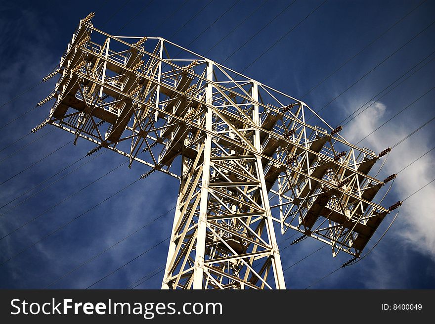 High tension power lines and insulators bring electricity to the Port of Long Beach.