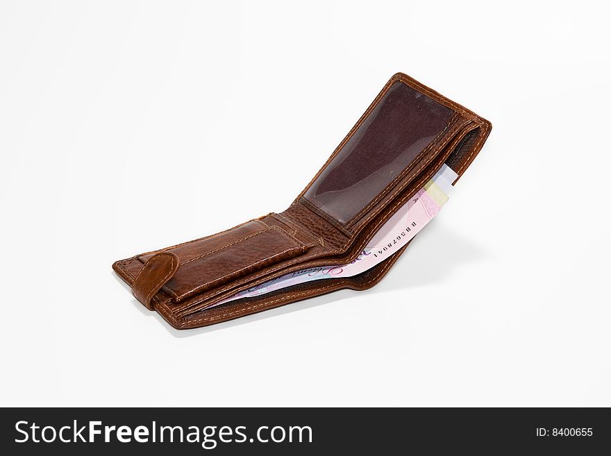 Leather purse with a money on a white background