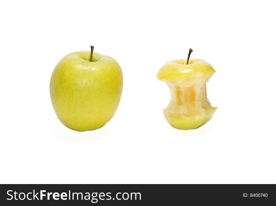 Whole and half-eated apples isolated on the wahite background