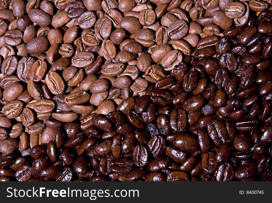 Close-up contrasting background image of dark and medium roast coffee beans. Close-up contrasting background image of dark and medium roast coffee beans.