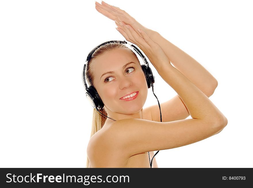 Portrait of happiness sexy young women with beautiful face in headphones and listening music on white. Portrait of happiness sexy young women with beautiful face in headphones and listening music on white