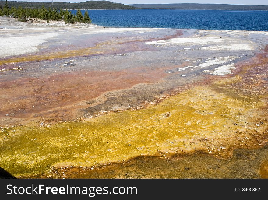 Emerald hot springs in Yellowstone National Park. The multicolor surface is painted by bacterial growth