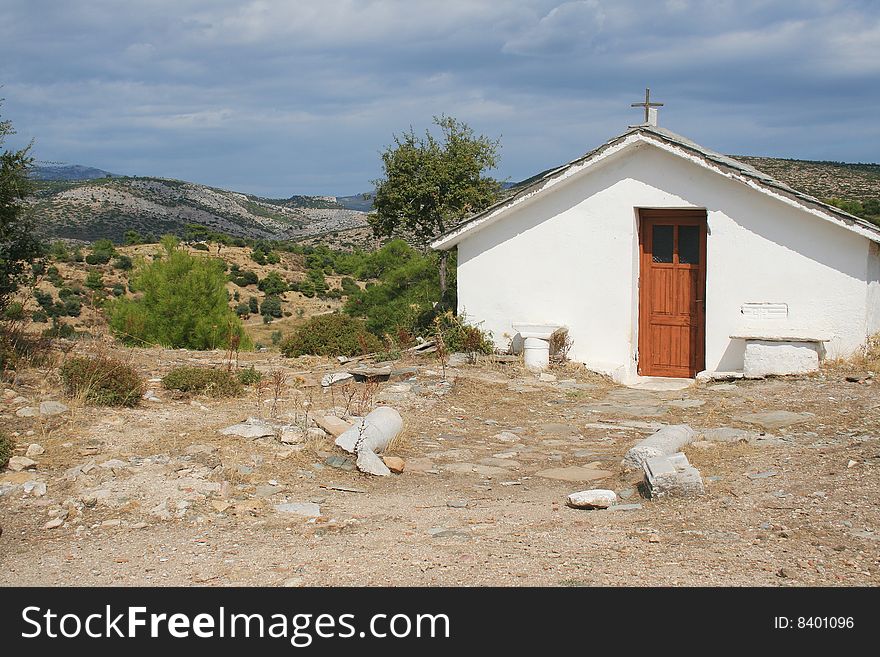Little church on the top of a hill, island Thassos, Greece