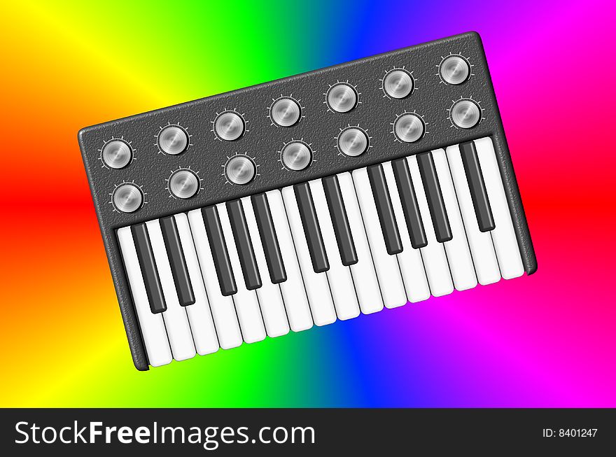 Little vintage music synthesizer with psychedelic background. Little vintage music synthesizer with psychedelic background