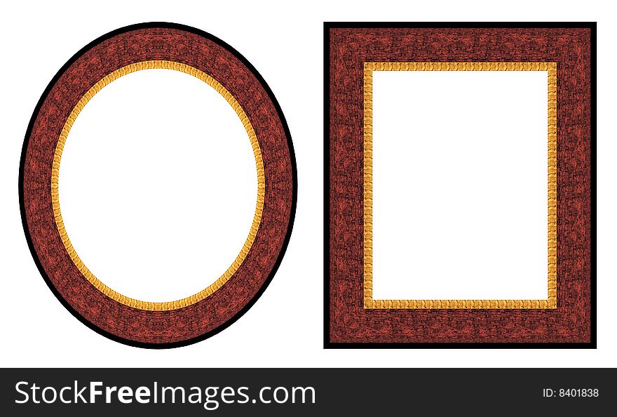 Oval and rectangular gold picture frame with a decorative pattern. Oval and rectangular gold picture frame with a decorative pattern