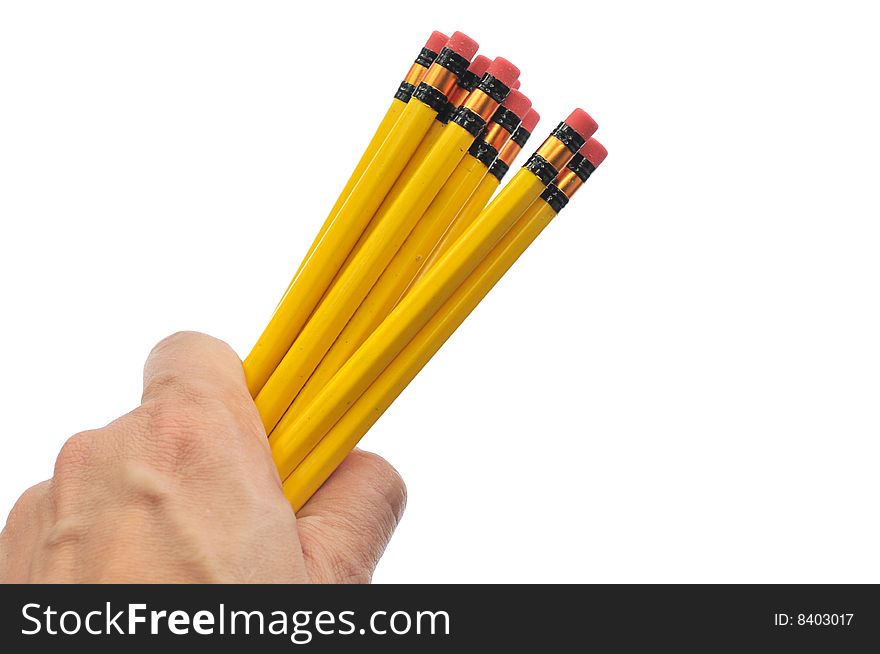 Man hand holding yellow pencils isolated on white