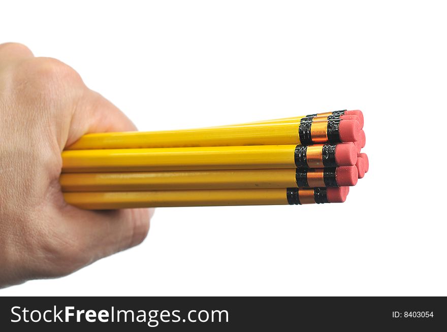 Man hand holding yellow pencils isolated on white