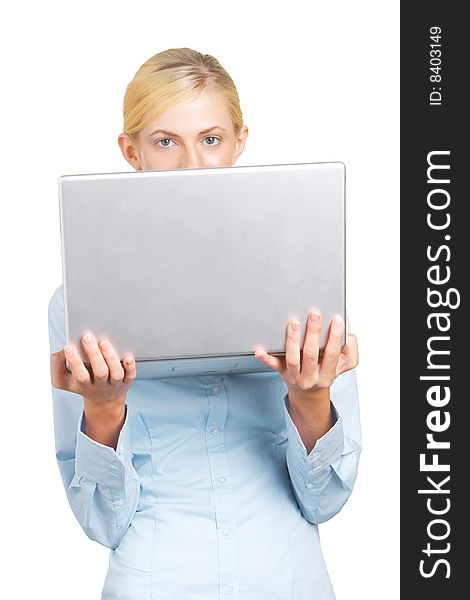 A business woman holding up her laptop isolated on white. A business woman holding up her laptop isolated on white