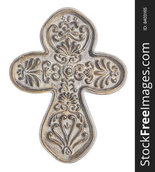 Carved stone cross isolated on a white background