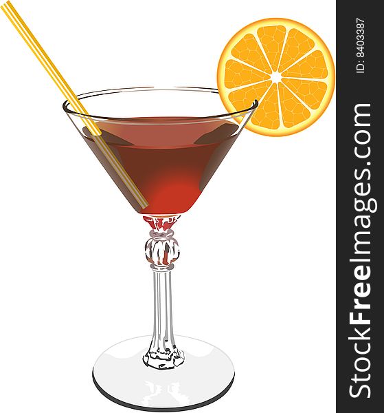 The vector image of a glass glass with a red wine a tubule and an orange. The vector image of a glass glass with a red wine a tubule and an orange.