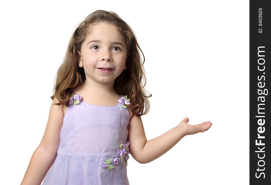 Pretty smiling girl with hand outstretched palm facing upwards.  Suitable to add  your product or a message. Pretty smiling girl with hand outstretched palm facing upwards.  Suitable to add  your product or a message.