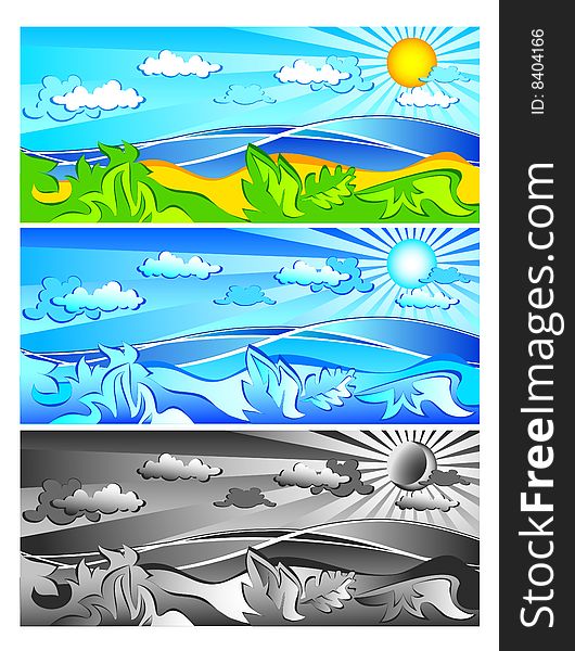 Landscape color, sea, sun, sky, plant, beach, vector illustration. Landscape color, sea, sun, sky, plant, beach, vector illustration