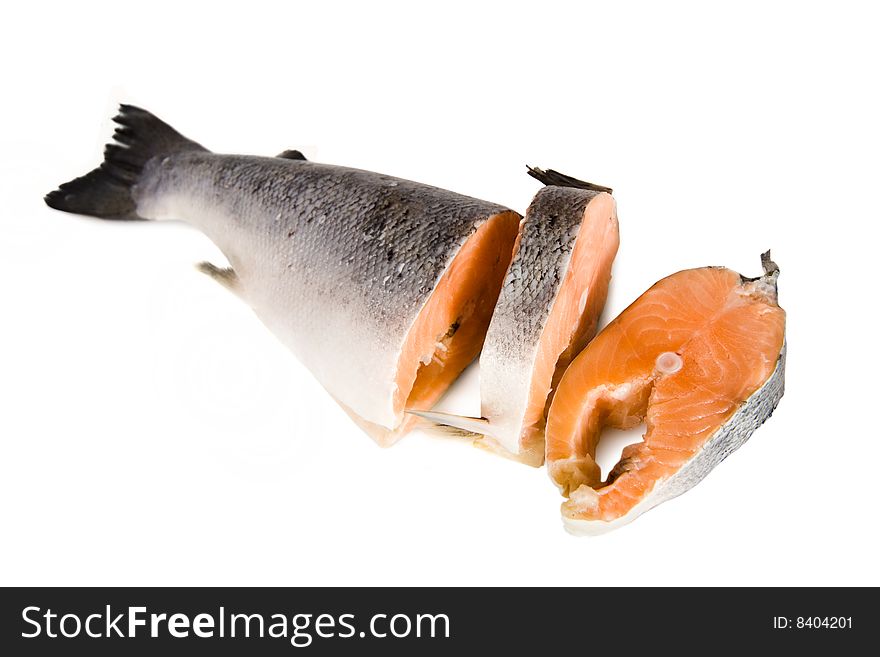 Slice of salmon on white background