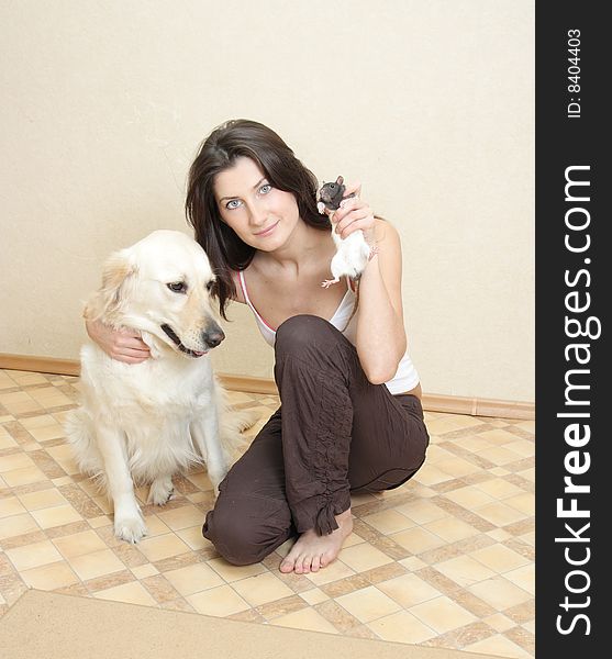 Girl with dog labrador and mouse. Girl with dog labrador and mouse