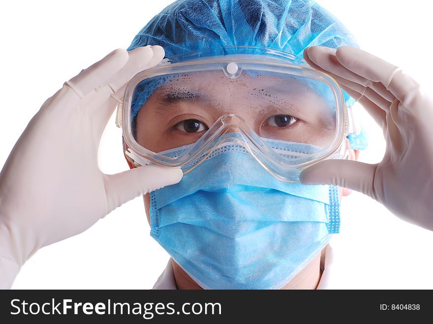 Doctor with goggle in white background