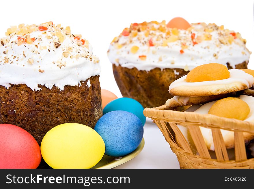 Easter cakes, cookies and colour eggs. Easter cakes, cookies and colour eggs