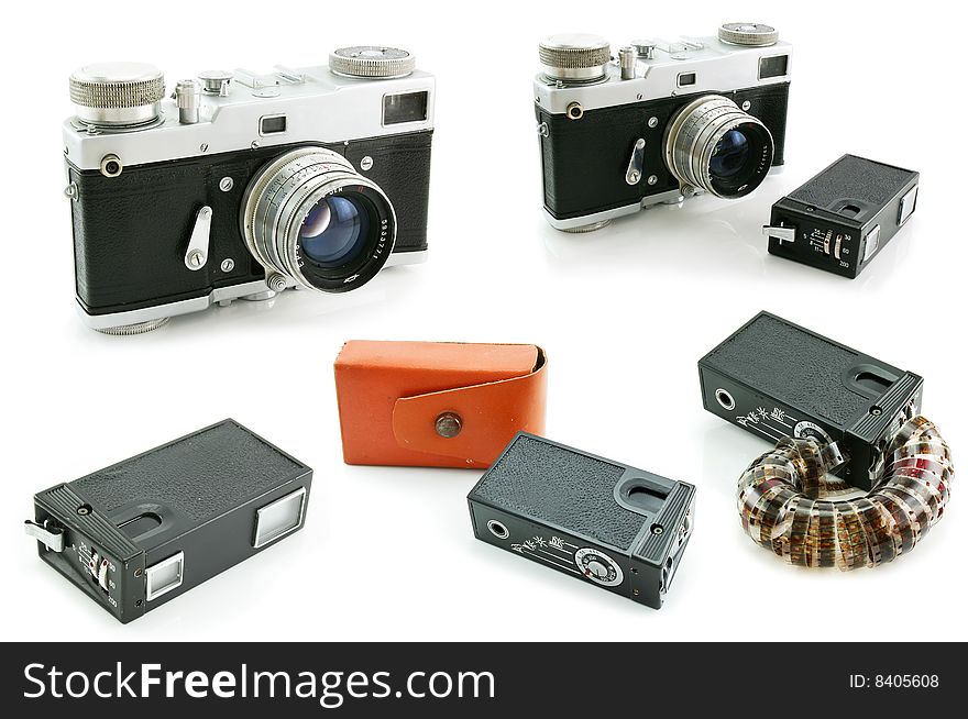 Set of film SLR cameras isolated on a white background