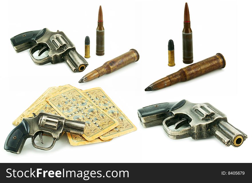 Set Of Guns, Bullets And Packs Of Card Isolated