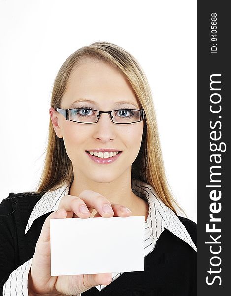 Businesswoman holding out a blank business card. Room for text, or your own message. Businesswoman holding out a blank business card. Room for text, or your own message.
