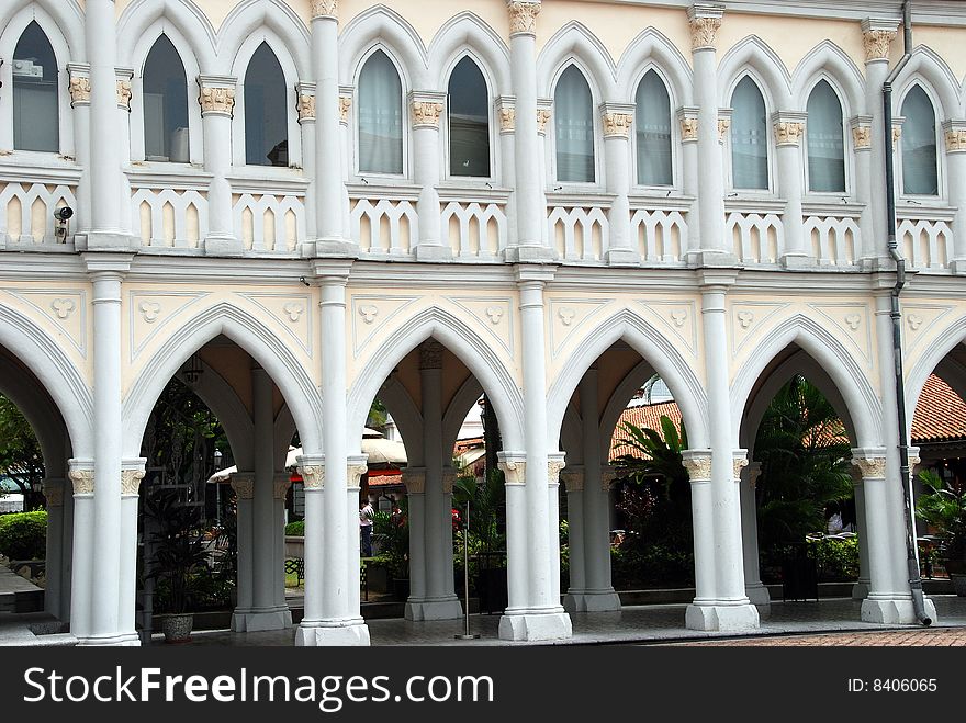 Cloister Gallery in neo-gothic Venetian style at the 1854 Chijmes Church, originally the Convent of the Holy Infant Jesus on Victoria Street in Singapore - Lee Snider Photo. Cloister Gallery in neo-gothic Venetian style at the 1854 Chijmes Church, originally the Convent of the Holy Infant Jesus on Victoria Street in Singapore - Lee Snider Photo.