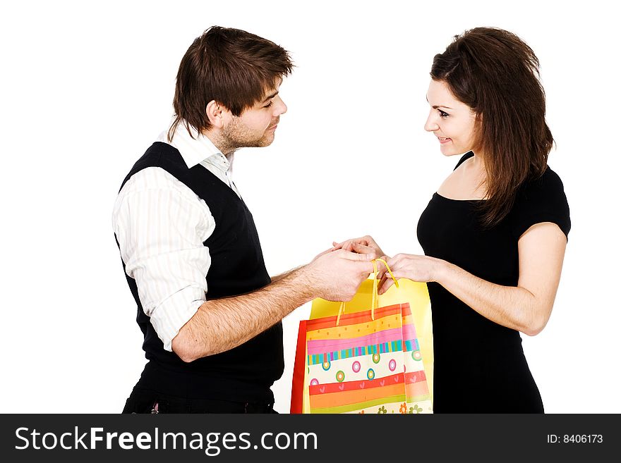 Stock photo: an image of a man giving a present for a woman