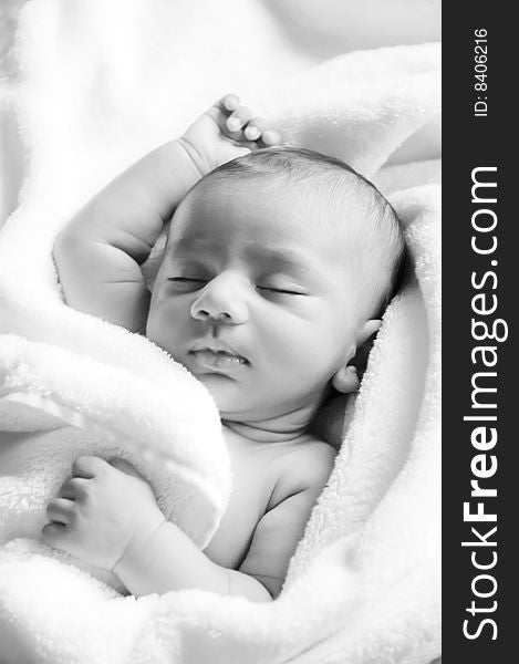 Sleeping baby in  black and white