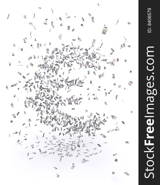 3d rendering of a swarm of falling 1-pound notes creating a € symbol. 3d rendering of a swarm of falling 1-pound notes creating a € symbol