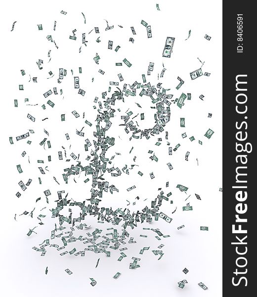 3d rendering of a swarm of falling 1-dollar bills creating a Â£ symbol. 3d rendering of a swarm of falling 1-dollar bills creating a Â£ symbol