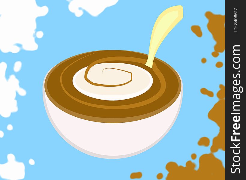 A white cup full of milk and coffee with a spoon sunk into it on a blue background all surrounded by drops of milk and coffee. Digital drawing. Coloured picture. A white cup full of milk and coffee with a spoon sunk into it on a blue background all surrounded by drops of milk and coffee. Digital drawing. Coloured picture.