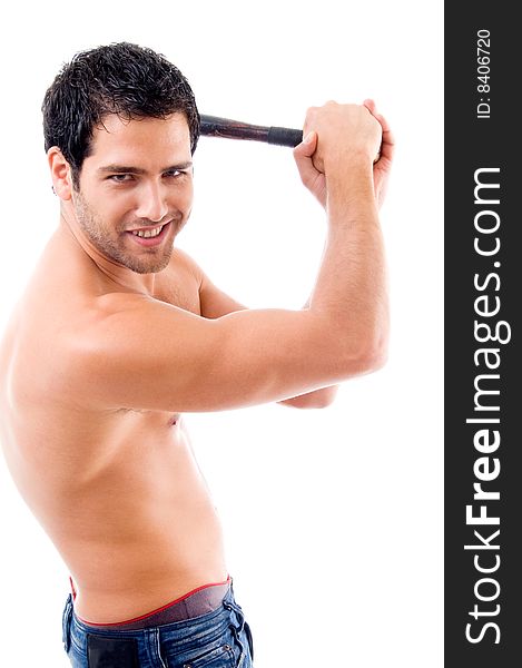 Side Pose Of Smiling Man With Stick