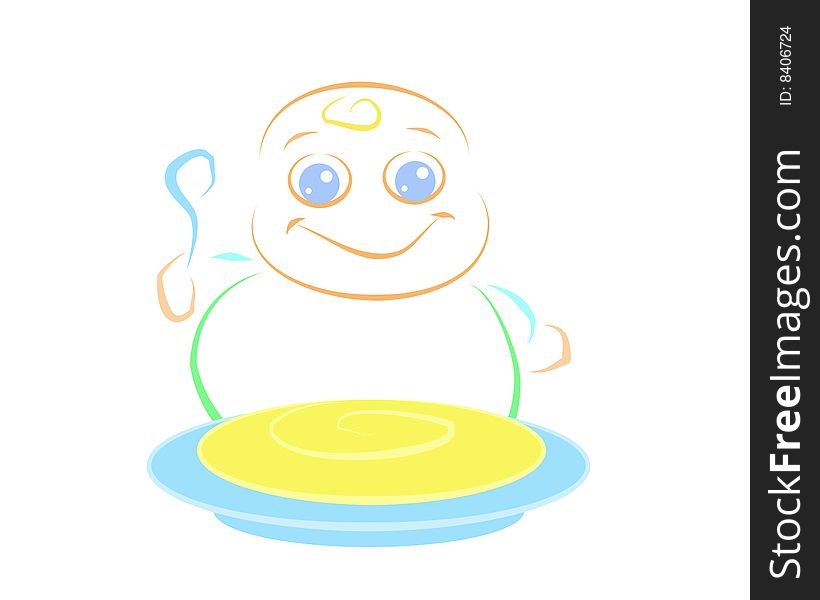 A painted little cute baby ready to eat his soup. Digital drawing. Coloured picture. A painted little cute baby ready to eat his soup. Digital drawing. Coloured picture.