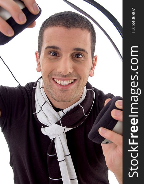 Smiling man with headphone with white background