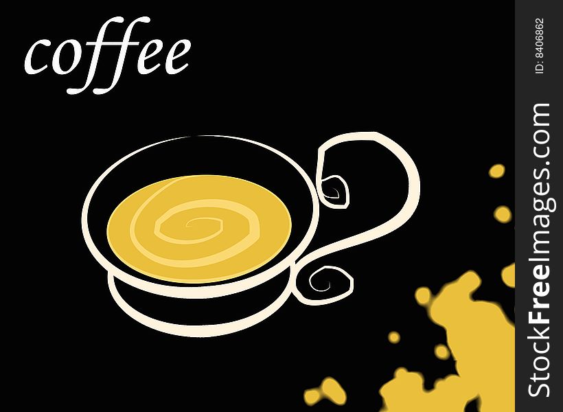 A painted cup of coffee on a black background with drops of coffee on the right down corner. Digital drawing. Coloured picture.