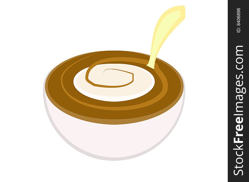 A white cup full of milk and coffee with a spoon sunk into it on a white background. Digital drawing. Coloured picture. A white cup full of milk and coffee with a spoon sunk into it on a white background. Digital drawing. Coloured picture.