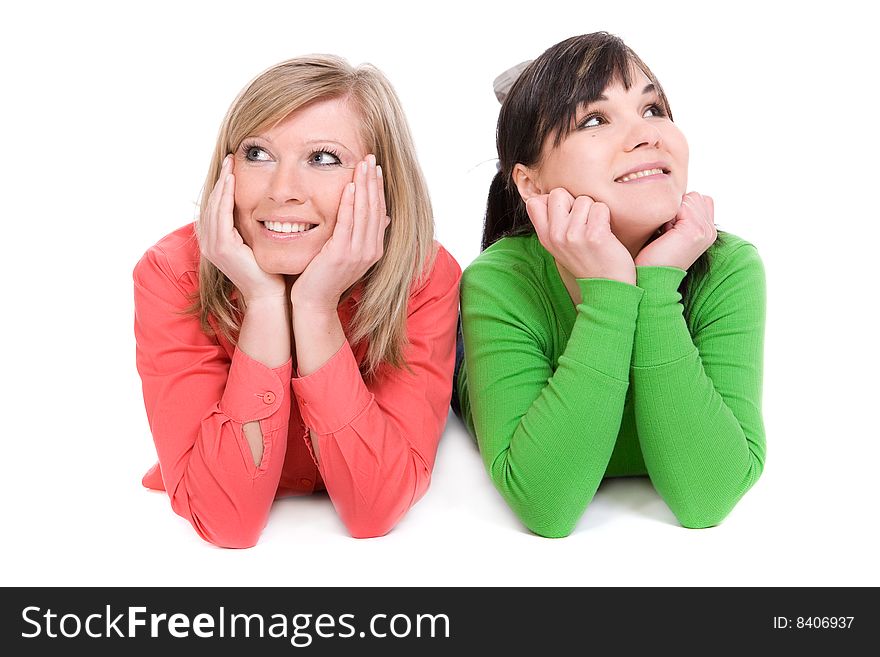 Two crazy women in friendship. over white background. Two crazy women in friendship. over white background
