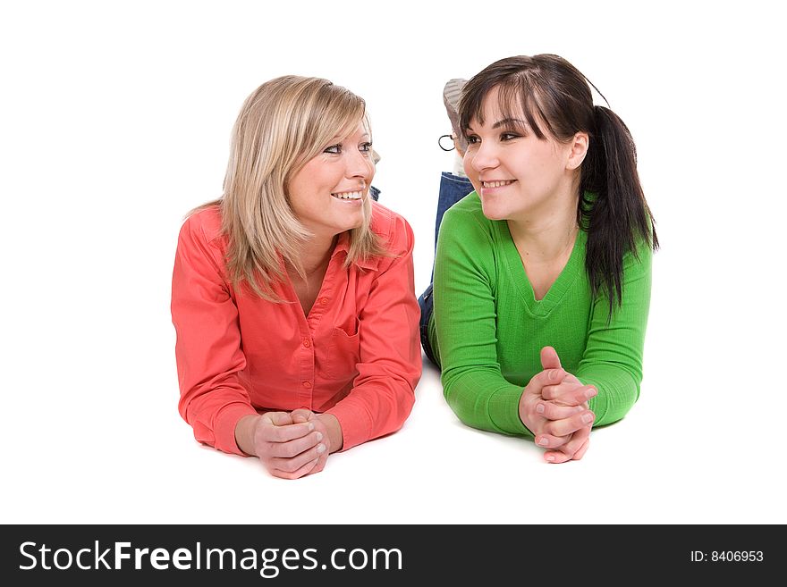 Two crazy women in friendship. over white background. Two crazy women in friendship. over white background