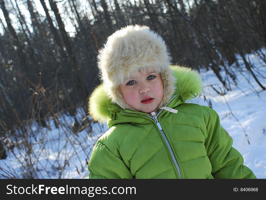 Three years old girl's portrait in the winter forest. Three years old girl's portrait in the winter forest