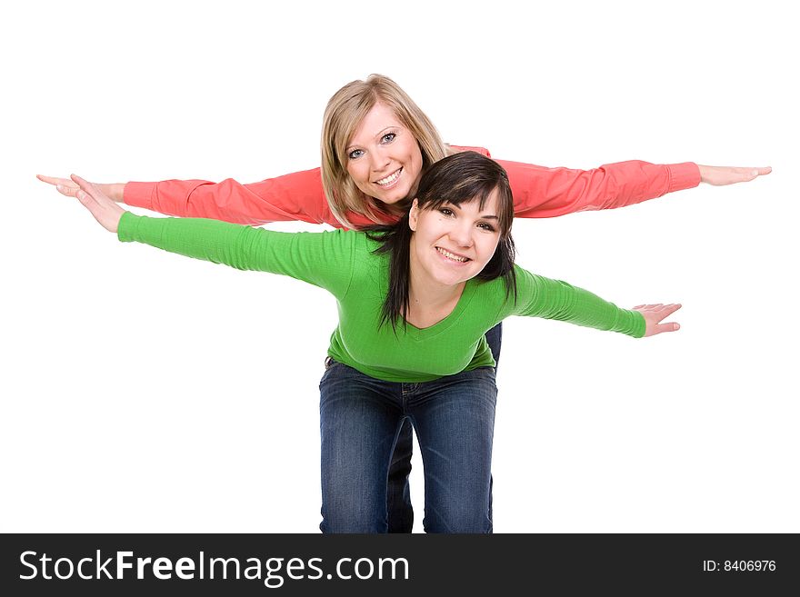 Two crazy women in friendship. over white background. Two crazy women in friendship. over white background