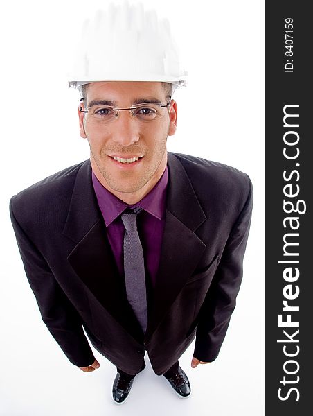 High angle view of young male architect against white background